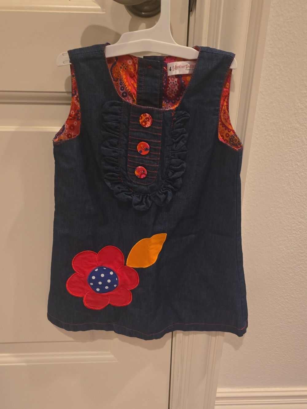 Girls' Denim Tank Dress with Red Flower and Yellow Leaf